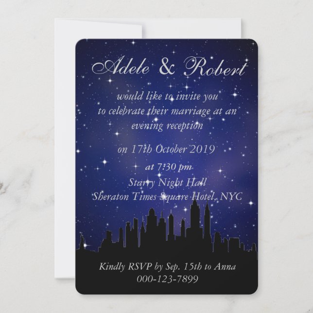 Blue Starry Night NYC Skyline Wedding Reception Invitation (Front)