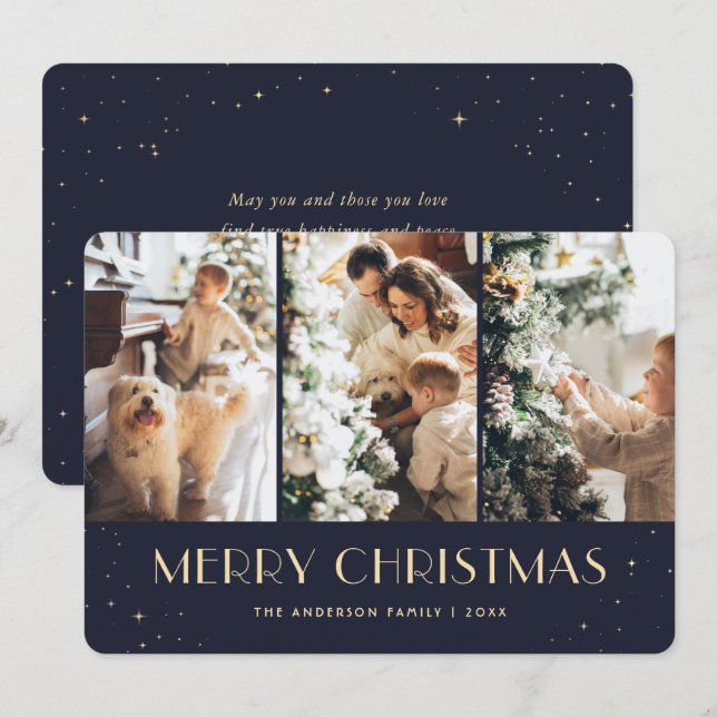 Blue Starry Photo Collage Merry Christmas Card (Front/Back)