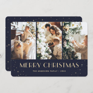 Blue Starry Photo Collage Merry Christmas Card