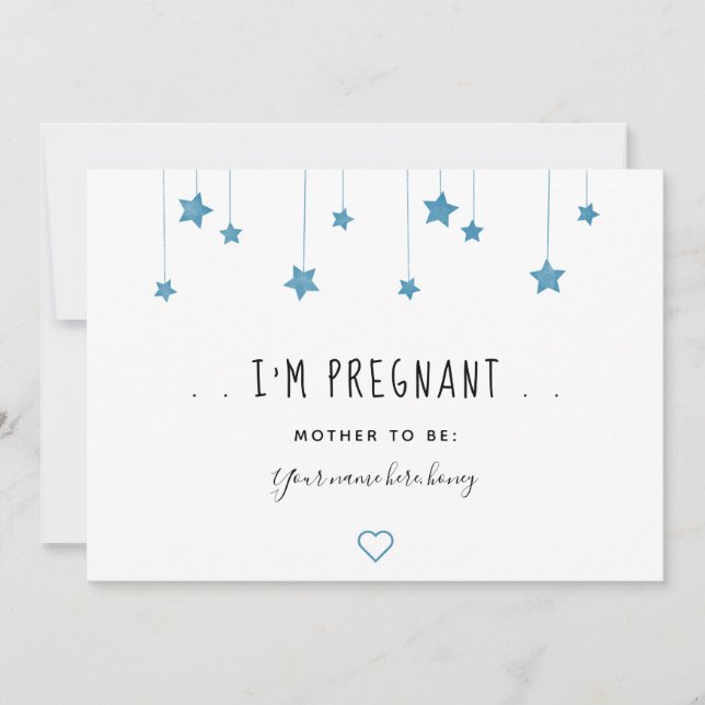 Blue Stars and Hearts Pregnancy Announcemente Card (Front)