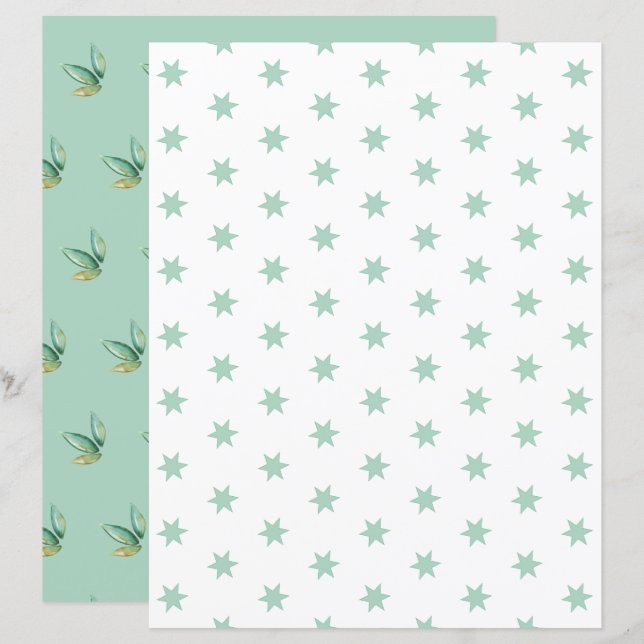 Blue Stars and Leaves Scrapbook Paper Sheet (Front/Back)
