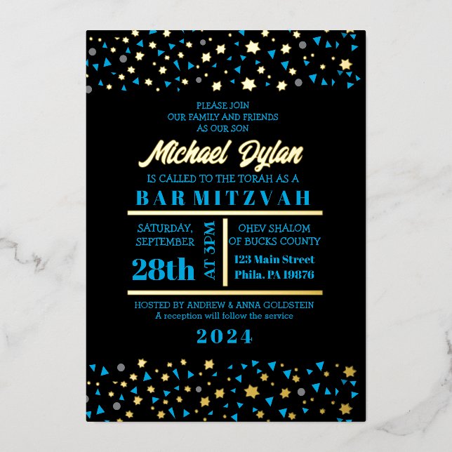 Blue Stars Bar Bat Mitzvah Invitation Gold Foil (Front)