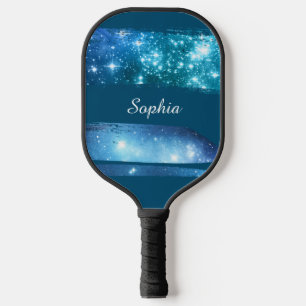 Blue Stars Brush Strokes, White Script Name, Blue Pickleball Paddle