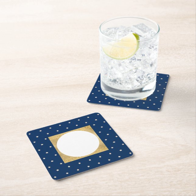 Blue Stars Christmas Party Square Paper Coaster (Insitu)