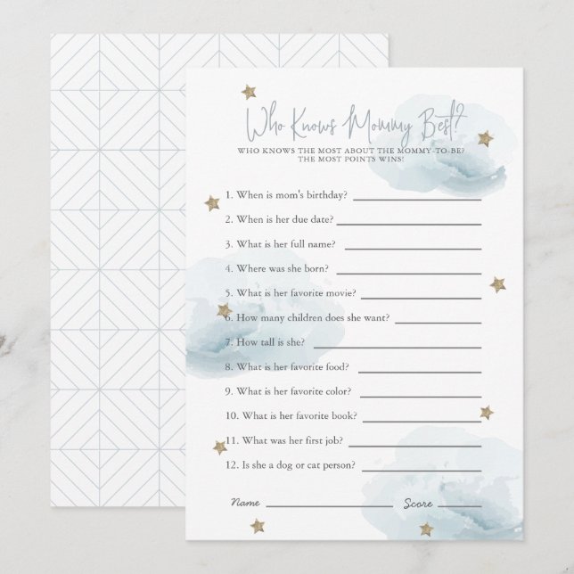 Blue Stars & Clouds Who Knows Mum Shower Game Card (Front/Back)