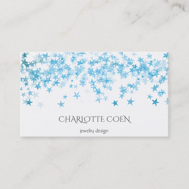 Blue Stars Confetti White Delicate Glam Business Card (Front)