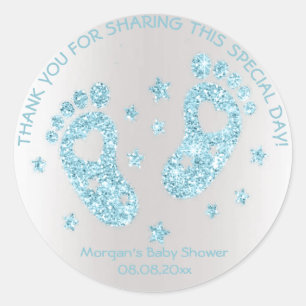 Blue Stars Feet Baby Shower Favour Thank You Spark Classic Round Sticker