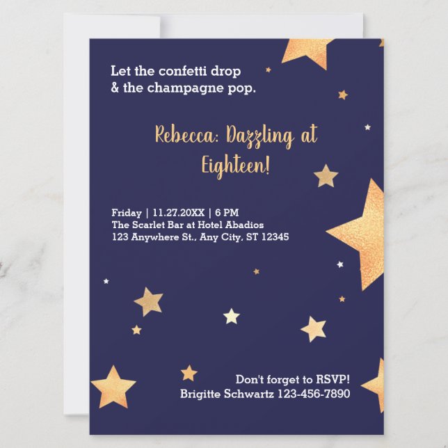 Blue stars glitter and gold dazzling birthday invi (Front)