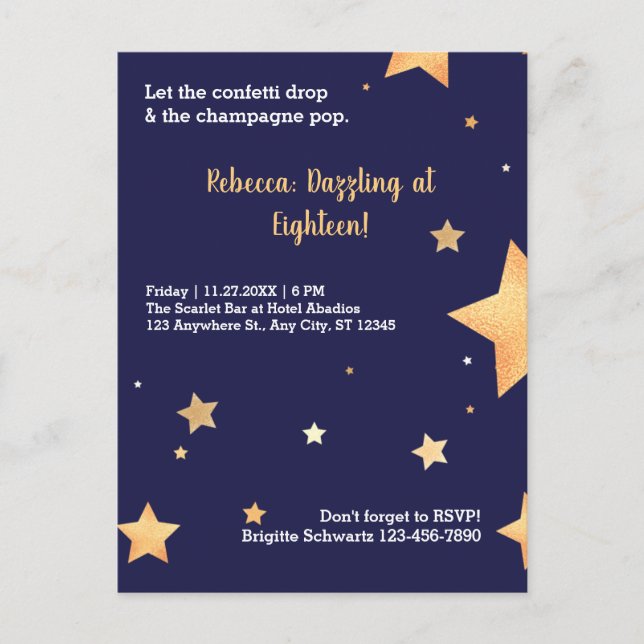 Blue stars glitter and gold dazzling birthday  invitation postcard (Front)