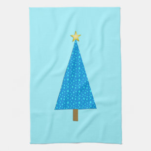 Blue stars modern Christmas tree Tea Towel