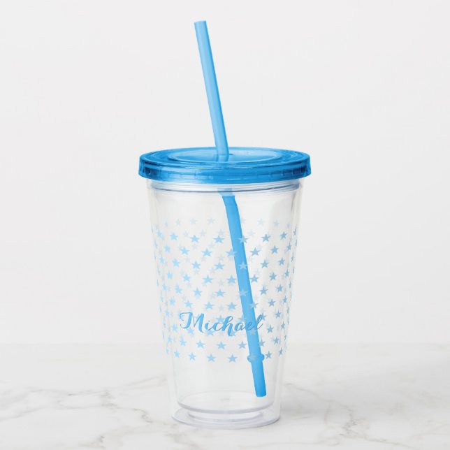 Blue Stars Monogrammed Kids Boys Birthday Party Acrylic Tumbler (Left)