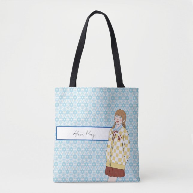 Blue Stars Pattern with Girl Illustration Editable Tote Bag (Front)