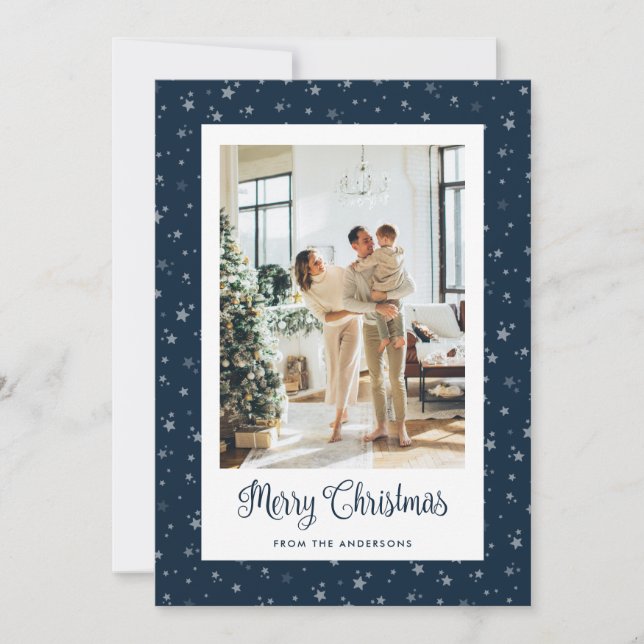 Blue Stars Photo Merry Christmas Cards (Front)