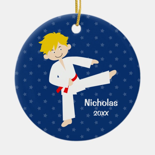 Blue Stars Red Belt Taekwondo Boy Personalised Ceramic Tree Decoration (Front)