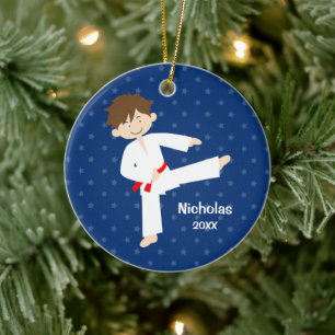 Blue Stars Red Belt Taekwondo Boy Personalized Ceramic Tree Decoration