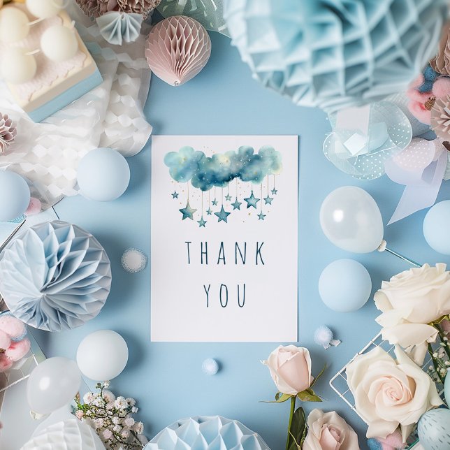 Blue stars thank you flat card (Soft, pastel colours, starry sky, and fluffy clouds blue thank you card)