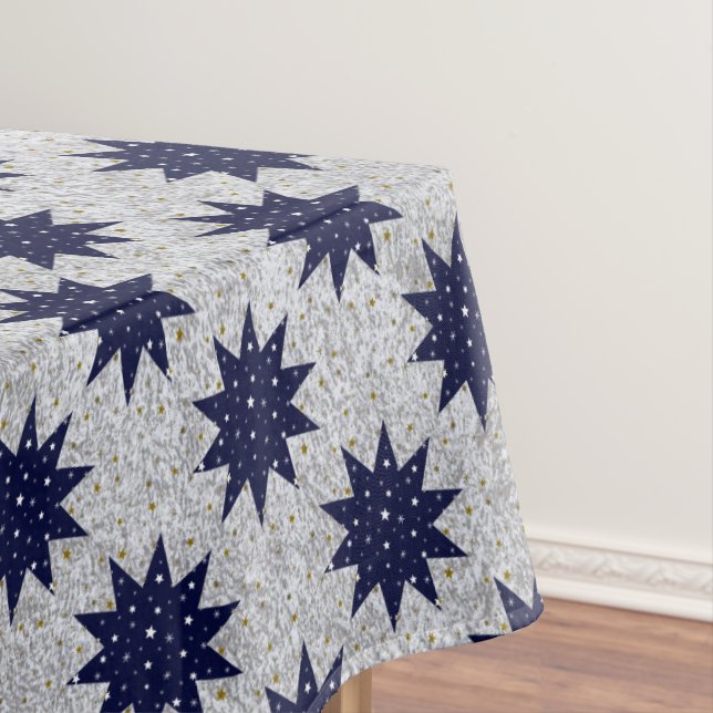 Blue stars & white stars & sparkly gold stars tablecloth (In Situ)