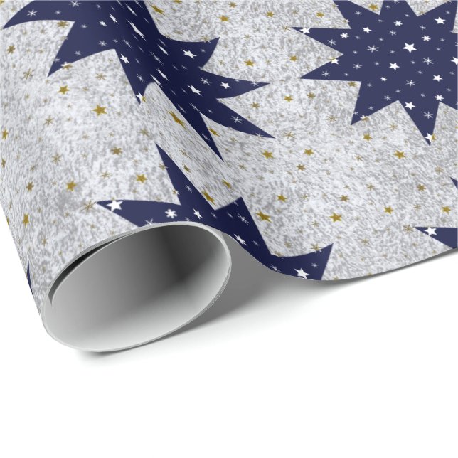 Blue stars & white stars & sparkly gold stars wrapping paper (Roll Corner)