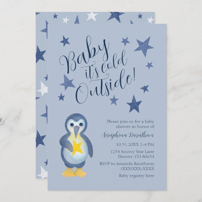 Blue Stars Winter Penguin Baby Shower Invitation (Front/Back)