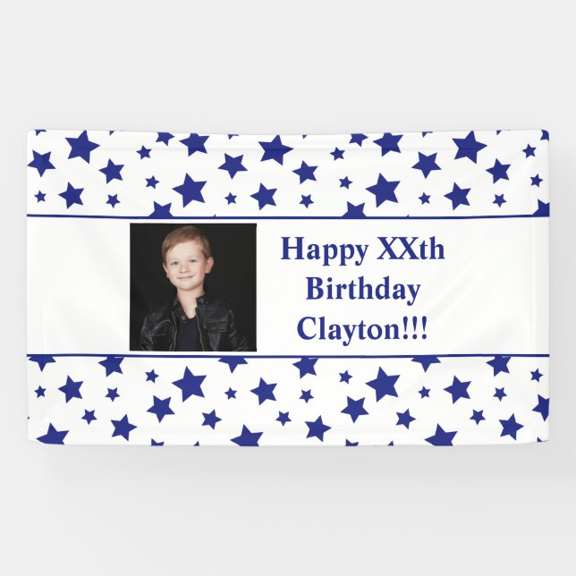 Blue Stars With Message Photo Birthday Banner (Horizontal)
