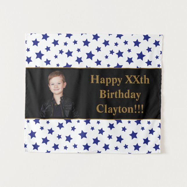 Blue Stars With Message Photo Birthday Tapestry (Front (Horizontal))