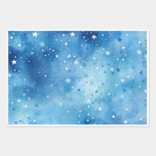 Blue Stars Wrapping Paper Flat Sheet Set of 3