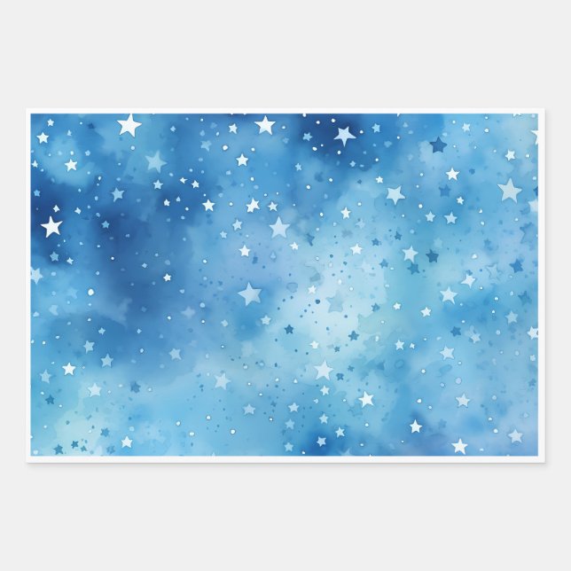 Blue Stars Wrapping Paper Flat Sheet Set of 3 (Front)