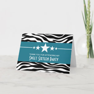 Blue Stars Zebra Print Sweet 16 Thank You Card