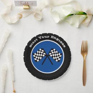 Blue Start Your Engines Racing Tire Paper Plate