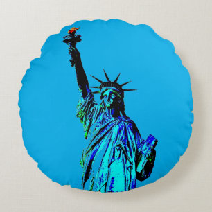 Blue Statue of Lady Liberty Round Cushion