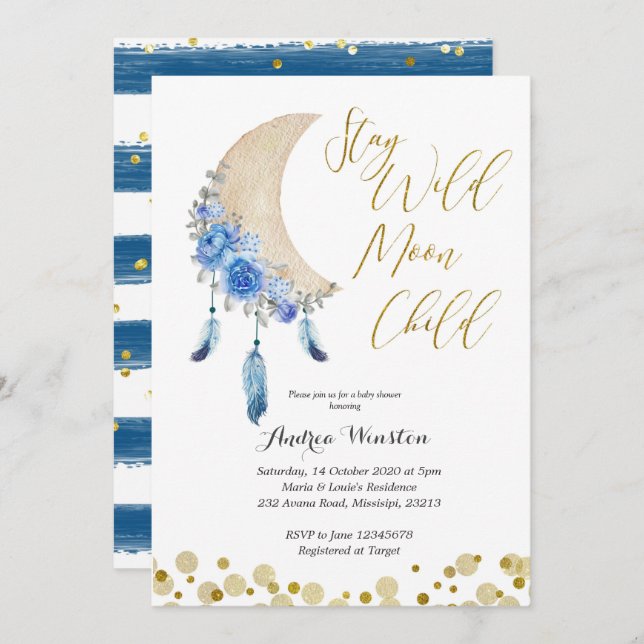 Blue Stay Wild Moon Child Baby Shower Invitation (Front/Back)