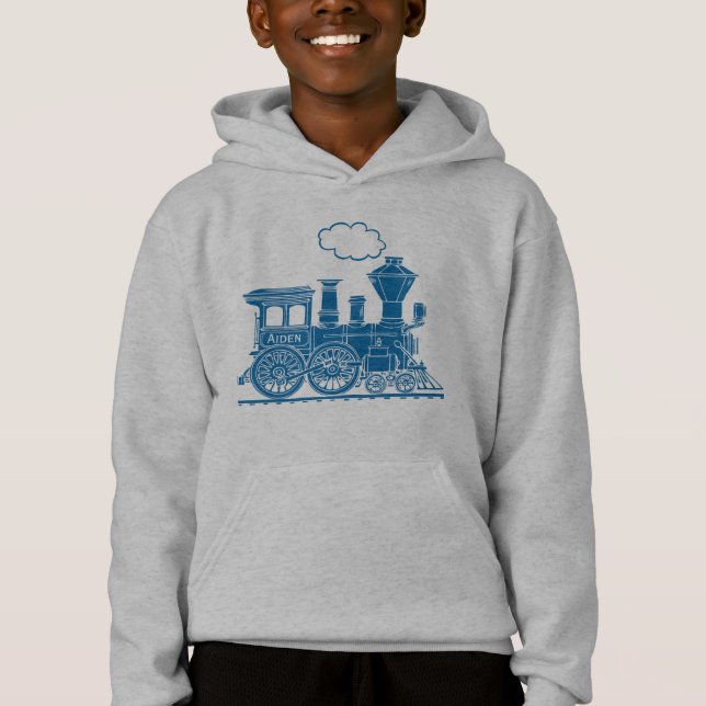 Blue steam locomotive train your name boys hoodie (Front)