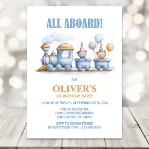 Blue Steam Train 1st Birthday Party Invitation