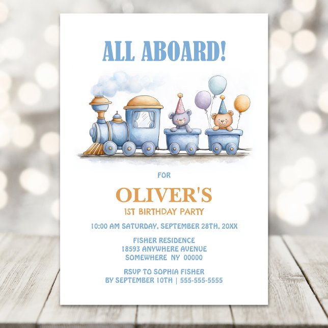 Blue Steam Train 1st Birthday Party Invitation (Creator Uploaded)