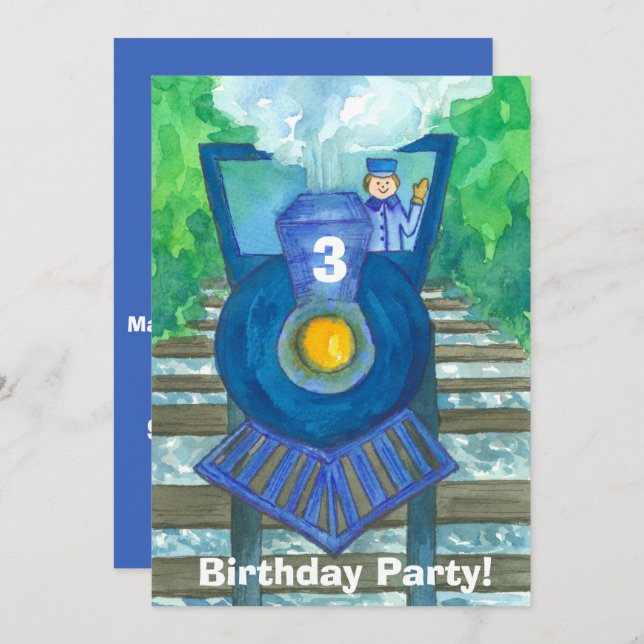 Blue Steam Train 3rd Birthday Party Invitation (Front/Back)