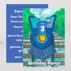 Blue Steam Train 3rd Birthday Party Invitation