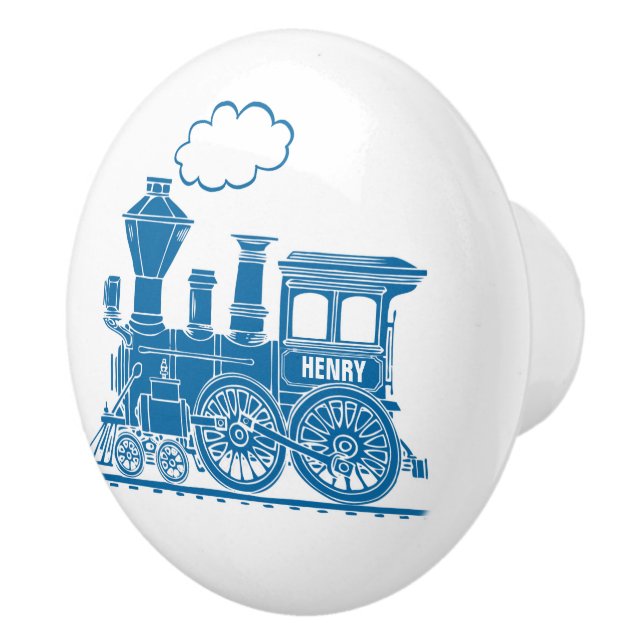 Blue steam train custom art doorknob ceramic knob (Right)