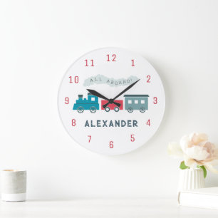 Blue Steam Train Kids Boy Nursery Clock