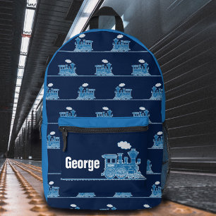 Blue steam train kids named  printed backpack