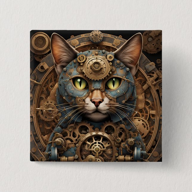 blue steampunk cat AI art button (Front)