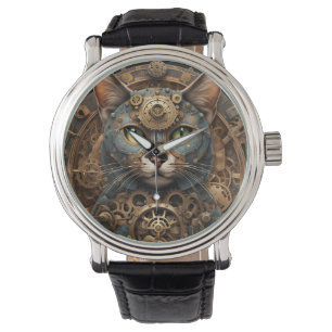 blue steampunk cat AI art mens watch