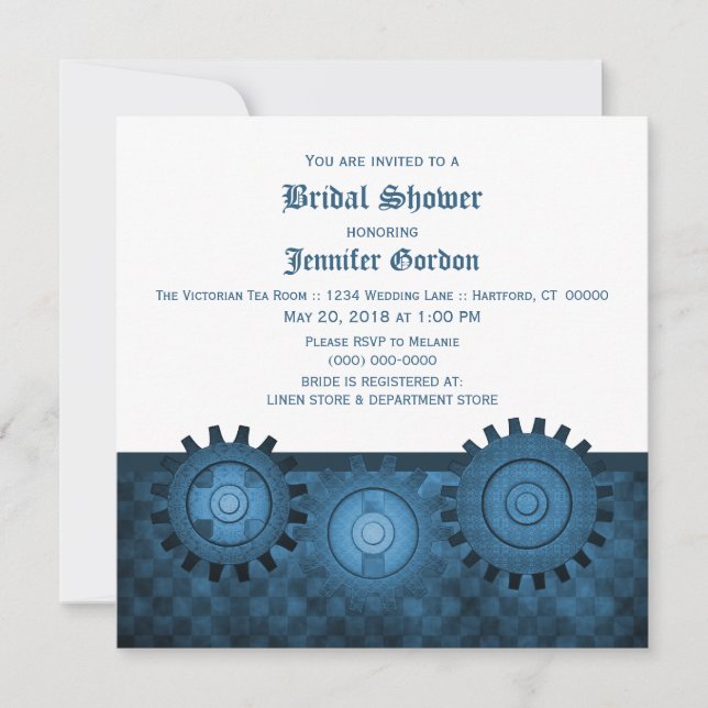 Blue Steampunk Gears Bridal Shower Invite (Front)