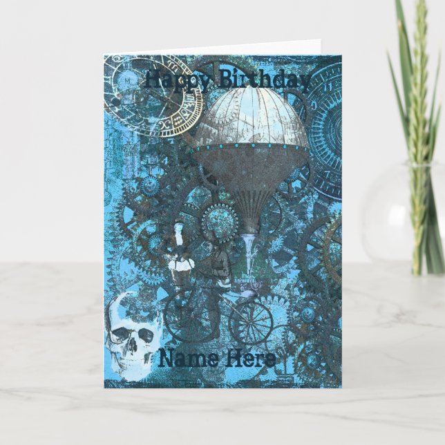 Blue Steampunk Greeting Card (Front)