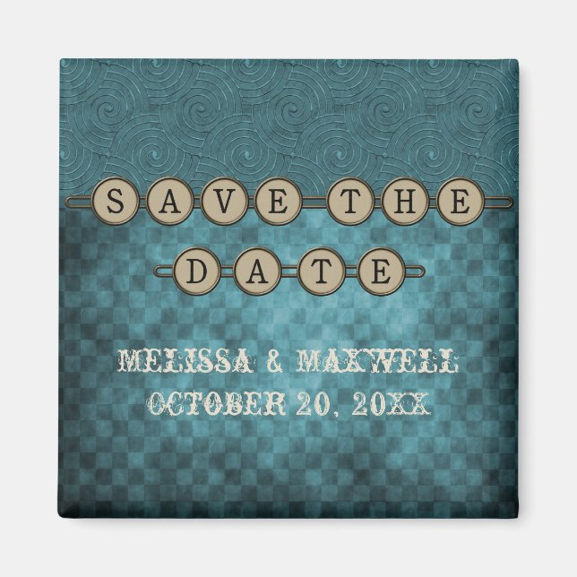 Blue Steampunk Keys Save the Date Magnet (Front)