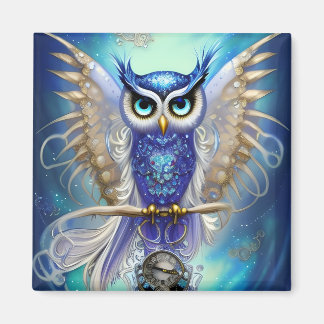 Blue Steampunk Owl Magnet