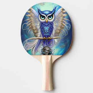 Blue Steampunk Owl Ping Pong Paddle