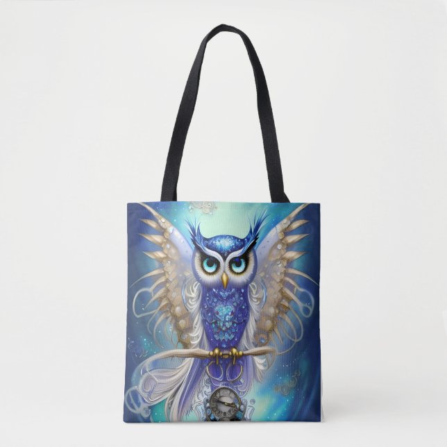 Blue Steampunk Owl Tote Bag (Front)