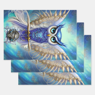 Blue Steampunk Owl Wrapping Paper Sheet
