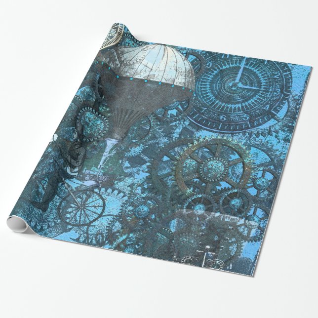 Blue Steampunk Wrapping Paper (Unrolled)