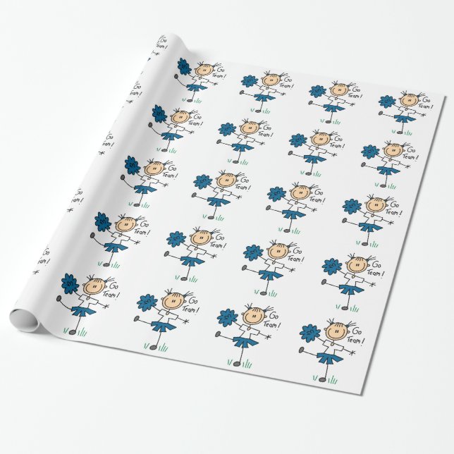 Blue Stick Figure Cheerleader Wrapping Paper (Unrolled)